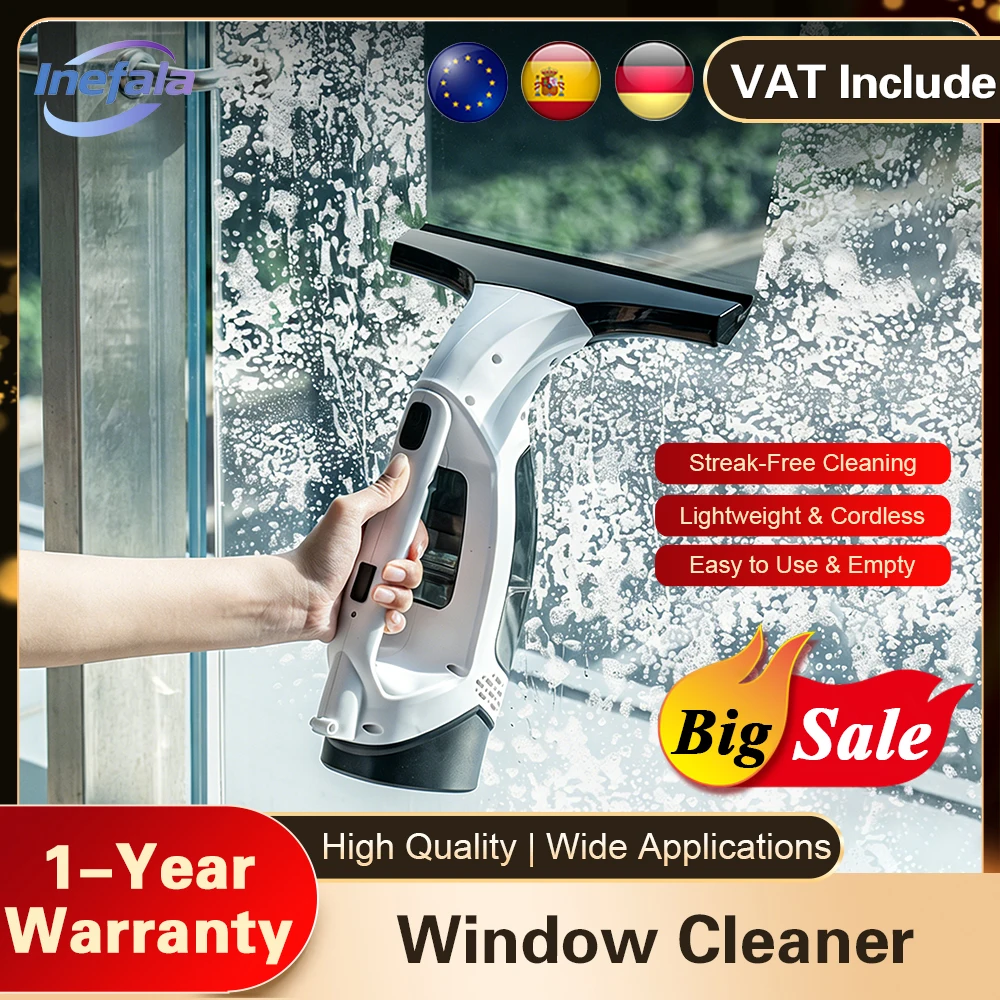 Nettoyeur de vitres et de surfaces électrique sans fil Inefala, machine rechargeable, outils de nettoyage automatique du verre avec lame de nettoyage