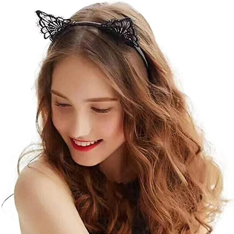 Black Lace Headband Women Girls Cat Ears Fancy Dress Party Hairbands Sexy Lace Cosplay Head Band Lady Fashion Hair Accessories