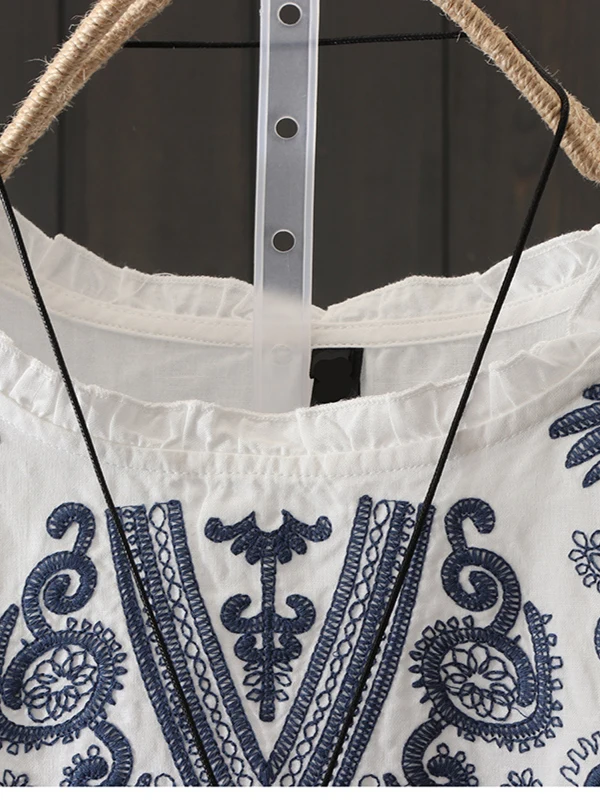 Retro étnico bordado algodão linho ort sve camiseta feminina solta plus size casual overhead irt verão wear