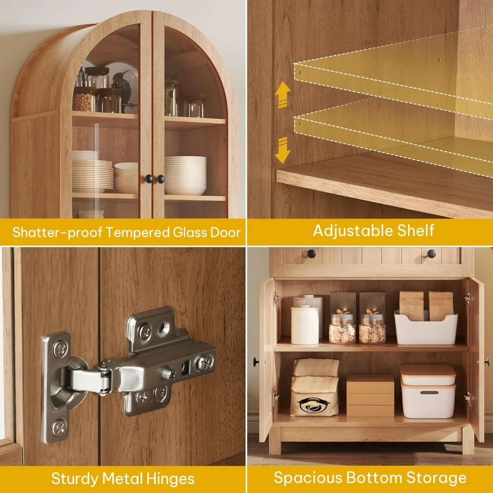 DWVO Arched Pantry Cabinet, 71 Tall Glass Door Display Storage Cabinets W/Drawer & Adjustable Shelves, Farmhouse Versatile Cupbo