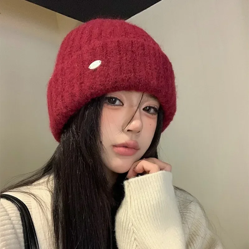 

2026 Korean versatile wool hat 2026 New Year red knitted hat for women autumn winter small warm bag head knitted hat