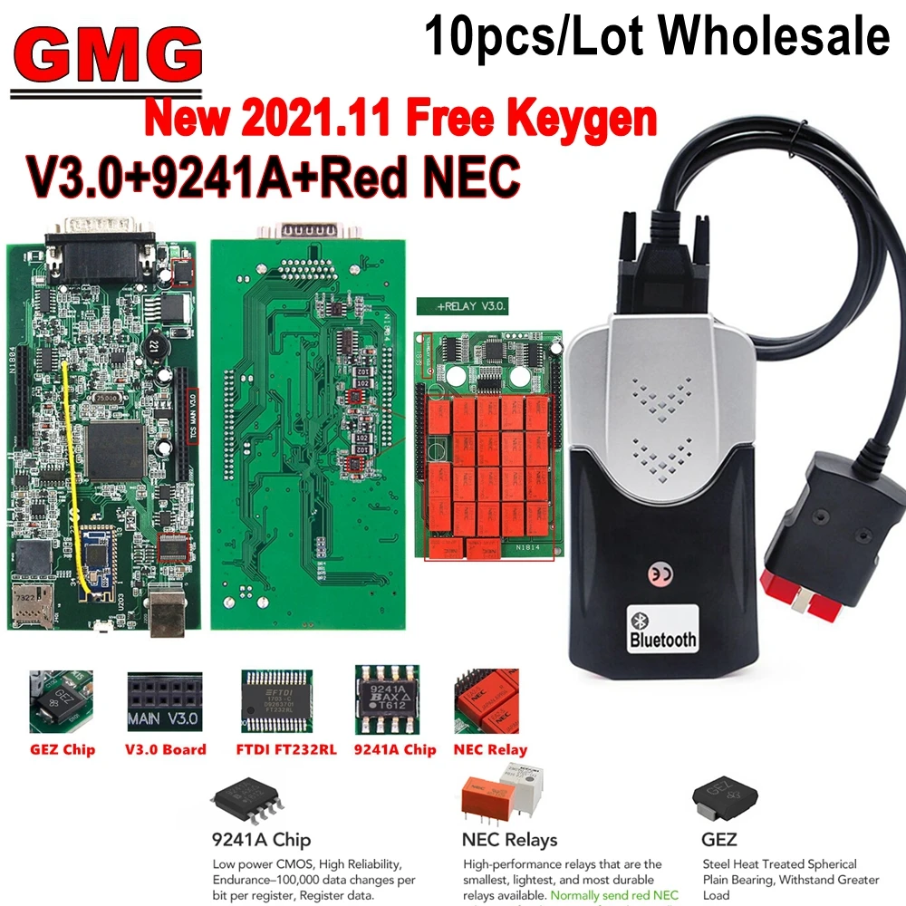 10pcs/Lot New 2021.11 Free Keygen VD150 V3.0 Red NEC Relays 9241A Double PCB Bluetooth DS150e TCS Car Truck Multidiag Pro