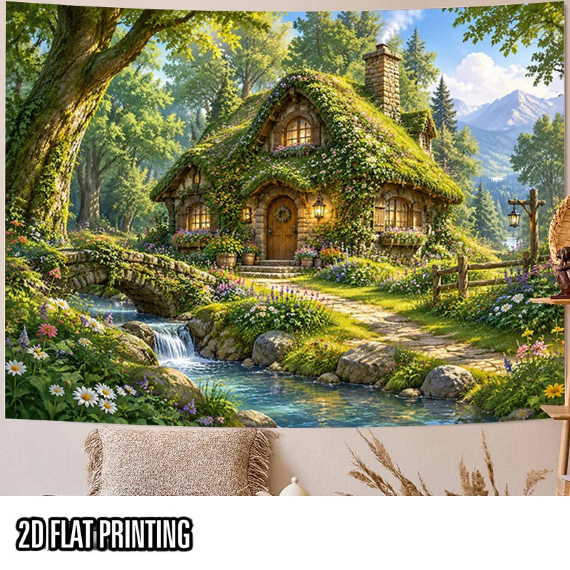 Secret Garden Cottage Tapestry Wall Hanging, Hobbit House Creek Wildflower Fantasy Print for Party Kids Room Wall Hanging Decor