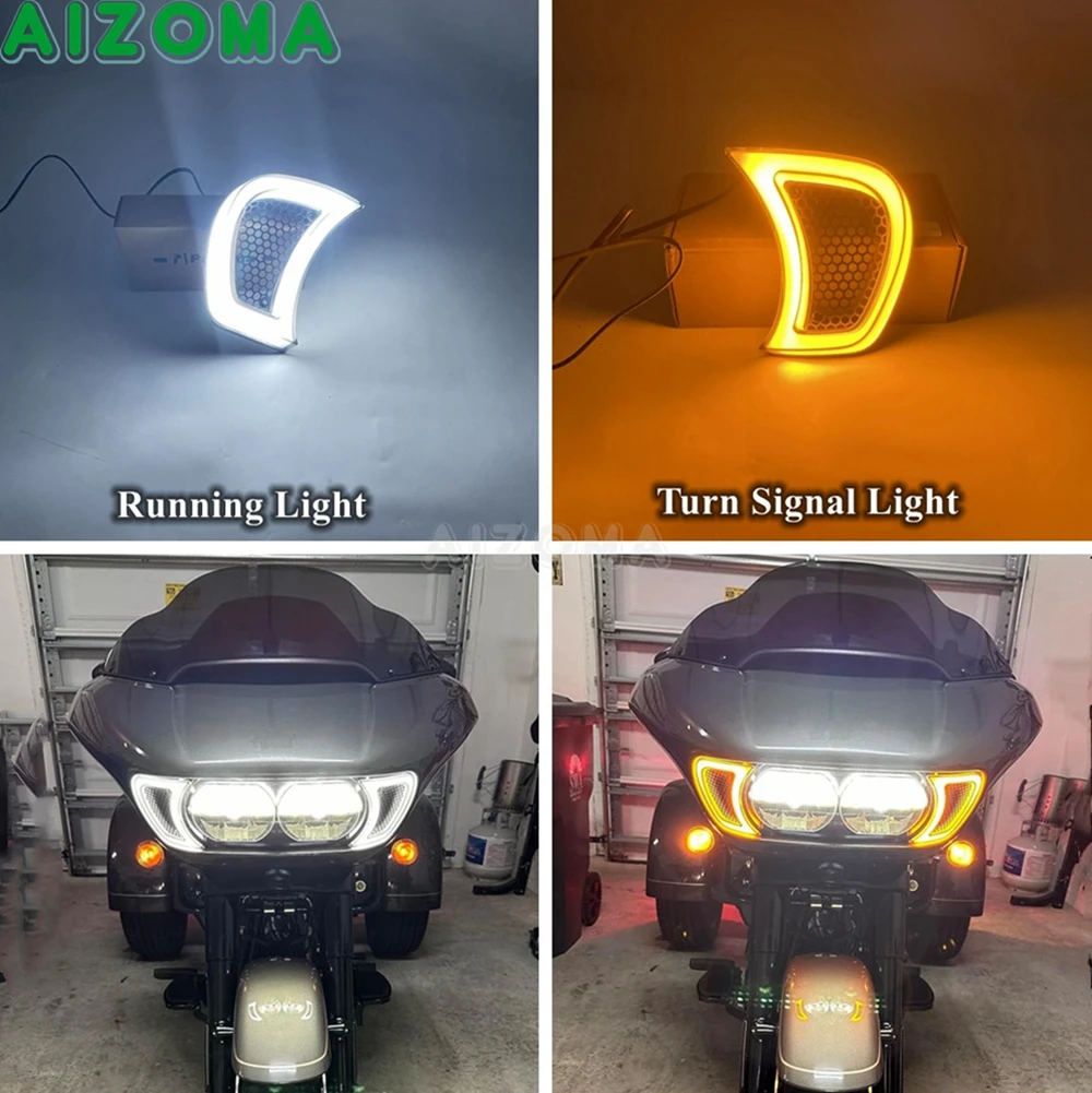 Motorcycle LED Headlight Vent Accents Light For Harley Road Glide Headlamp Vent Amber Turn Signal Light White Running Lamp 15-Up