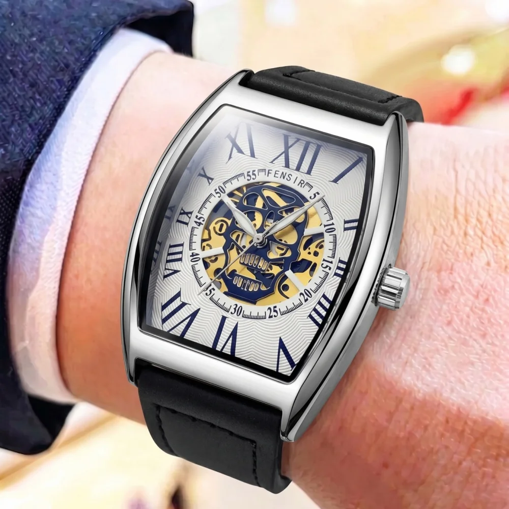 Personalized Barrel-Shaped Men's Quartz Watch, with a Cool Skull Dial, Roman Numeral Markers, Comfortable Leather Strap, Waterproof and Wear-Resistant, a Stylish and Versatile Men's Watch Suitable for Trendy Men to Wear and Make as a Gift.