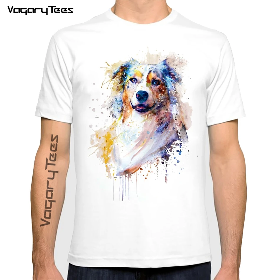 I Love my Australian Shepherd Portrait Dog Print T-Shirt New Summer Fashion men\'s Watercolor Painting T Shirt Casual Hipster Tee