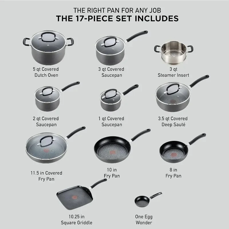 T-fal Ultimate Hard Anodized Nonstick Cookware Set 17 Piece Oven Broiler Safe 400F, Lid Safe 350F Pots and Pans, Dishwasher Safe