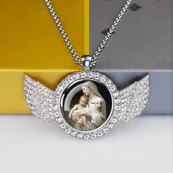 Virgin Mary Rhinestones Necklace Jesus Glass Dome Pendant Silver Plated Chain Angel Wings Necklace Christian Gifts