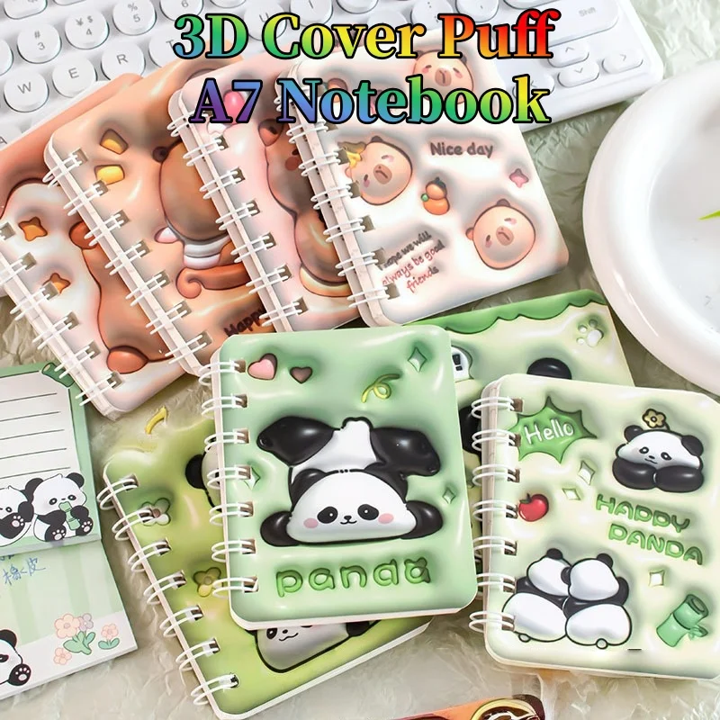 3D-Cover Puff A7 Notizbuch für Schüler, Ästhetisches Spiral-Mini-Journal, Tragbarer Notizblock für Schule und Büro, Capybara Panda