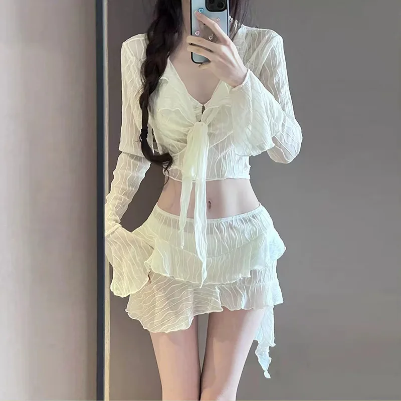 sexy Korean fashion beige plain bikinis sets 4pcs irregular long sleeve cover tops mini skirt swimsuit swimwear bathing suit
