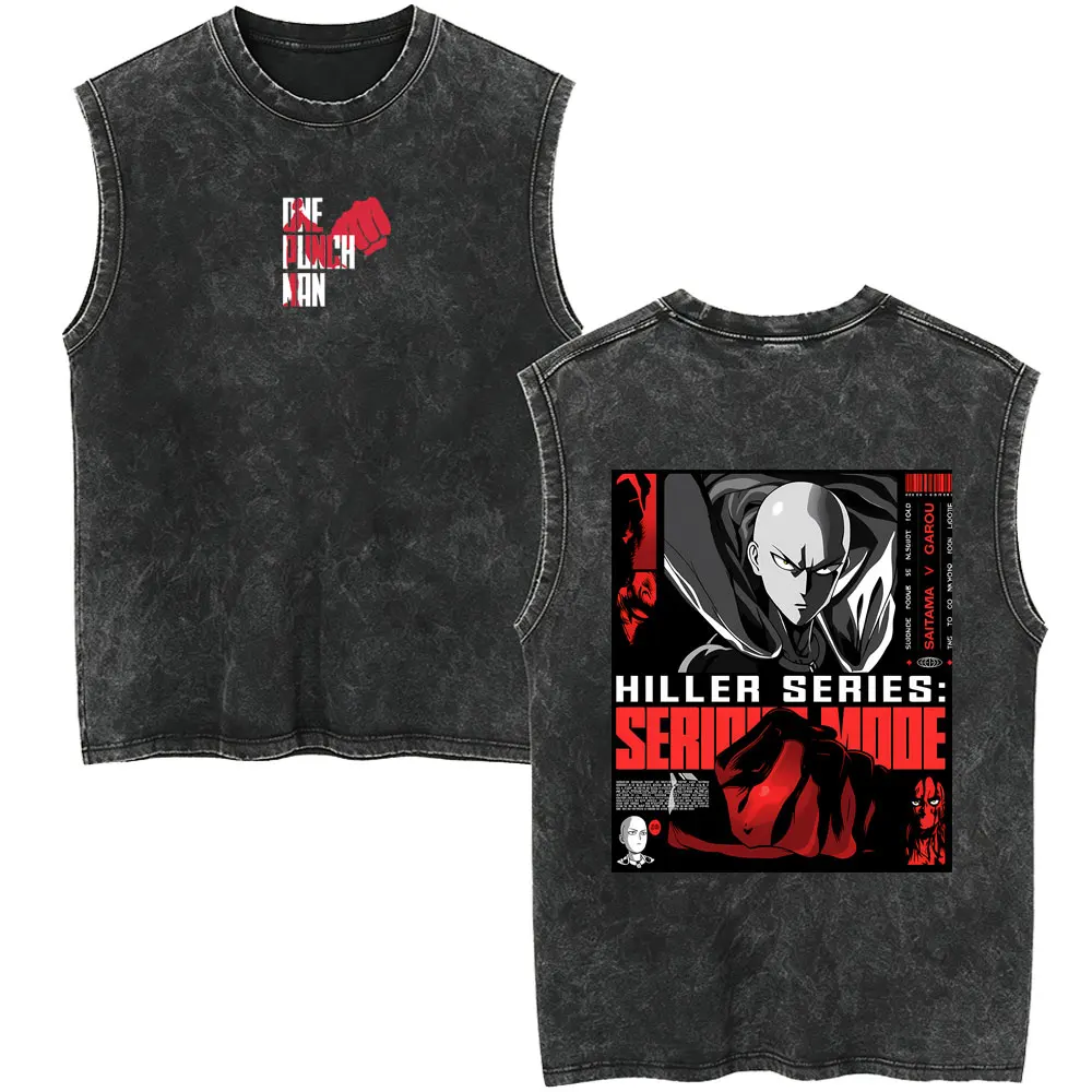 Anime One Punch Man Saitama Garou Hiller Series Serious Mode Vintage Washed Tank Tops Men Women Fashion Casual Sleeveless Vest