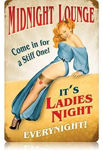 Kexle Vintage Midnight Lounge - Pin-Up Girl Metal Tin Signs 8 x 12 Inch for Restaurants Beer Man Cave Indoor Coffee Funny Plaque