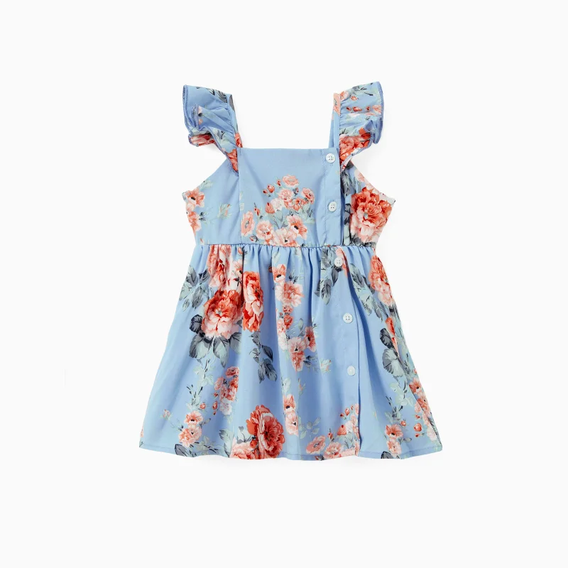 PatPat Family Matching Sets Pure Blue Polo Shirt or Flower Floral Shirred Top A-Line Sleeveless Dress