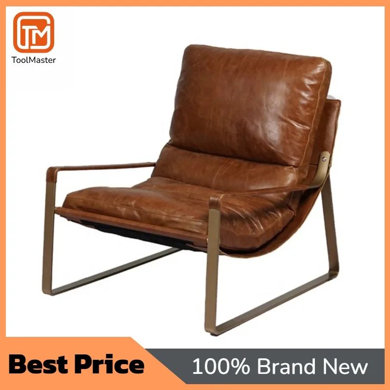 

[Hot Sale]Vintage Leather Lounge Armchair Luxury Comfortable Living Room Chair Metal Iron Frame Tan Leather Lazy Accent Chair