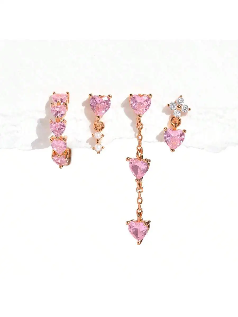

Four-Piece Romantic Pink Heart Earring Collection With Floral Studs And Chain Dangles For Women