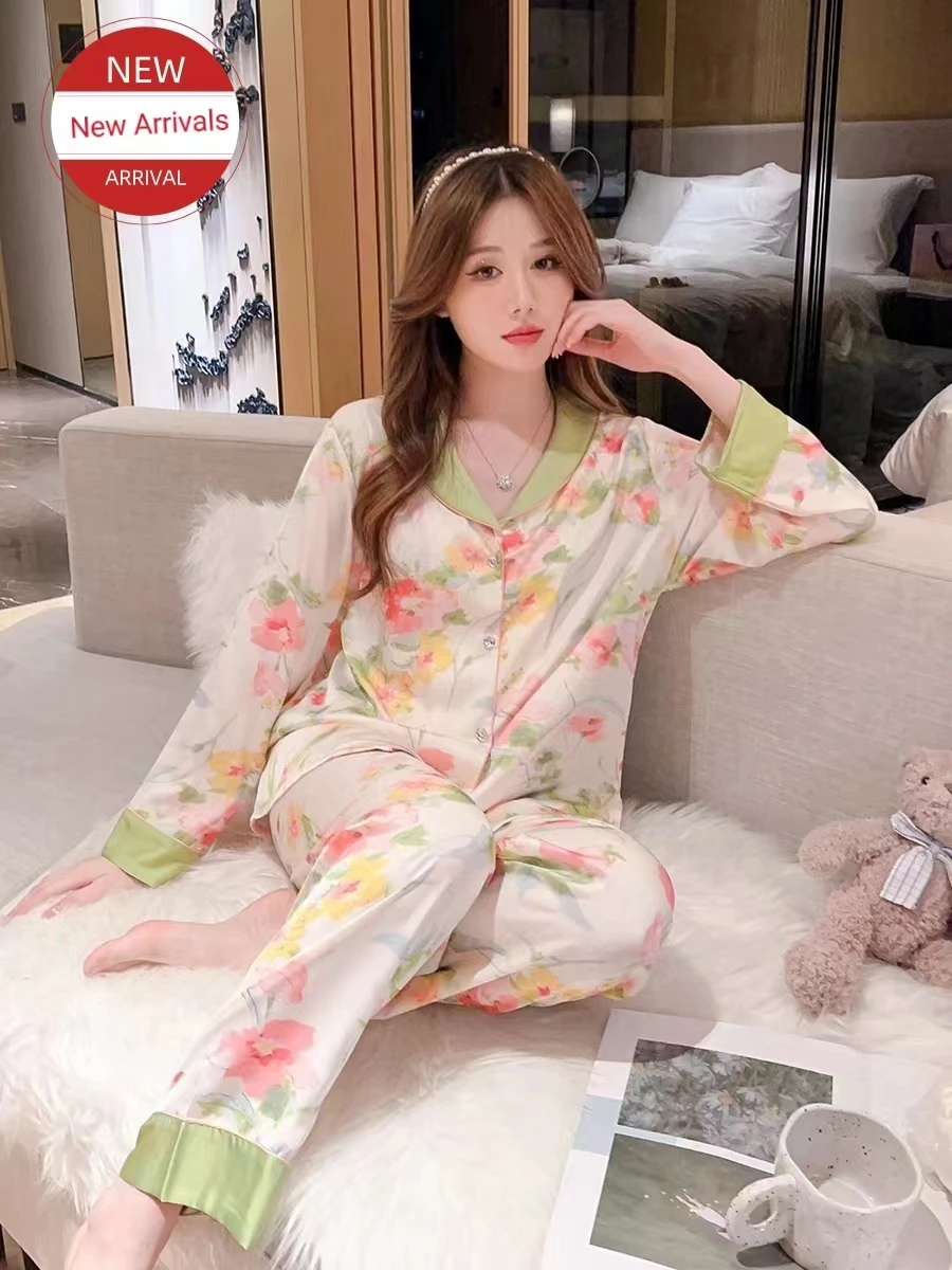 New Ladies Summer Silk Pajamas Female Spring And Autumn Thin Section Long-Sleeved Fashion Garden Lovely Sweet Wind Homewear Summ