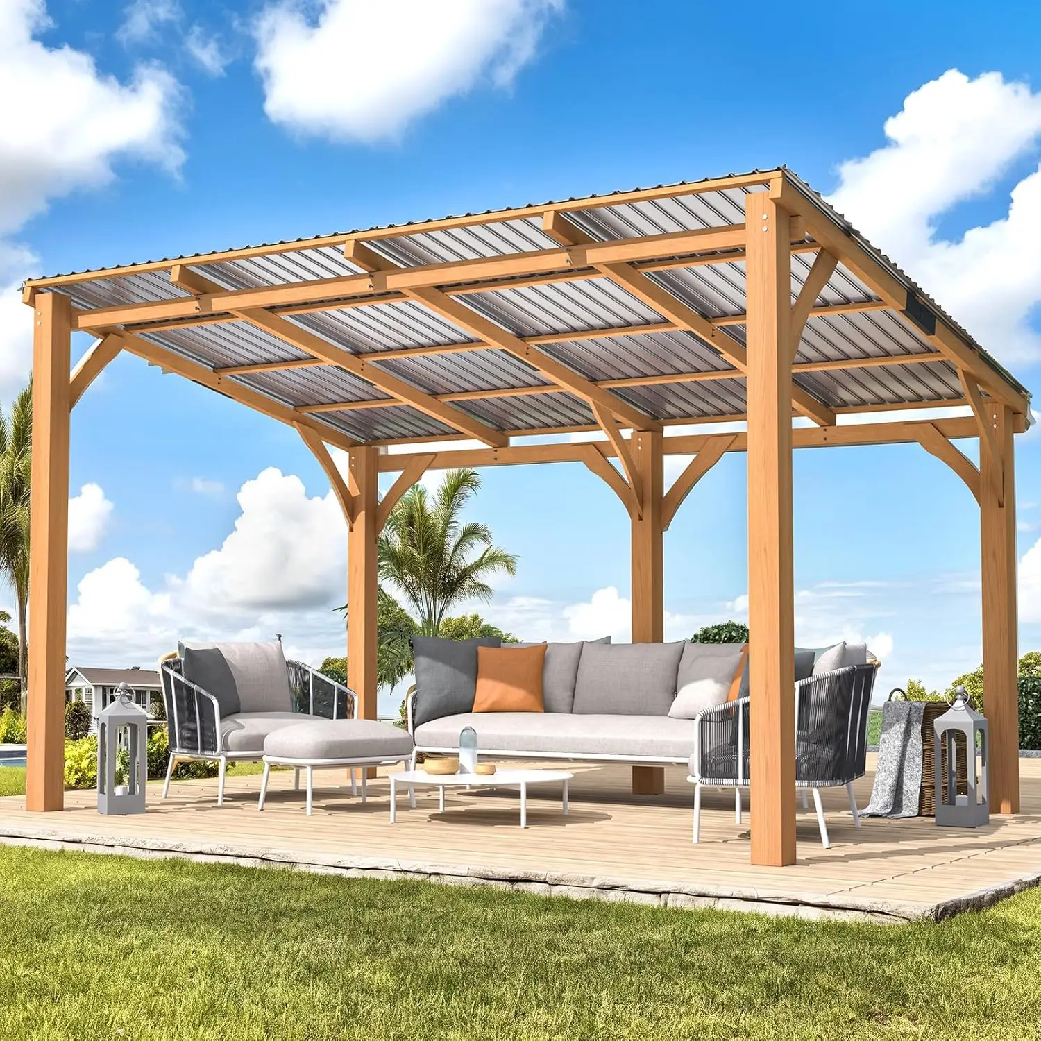 

10x14 Wall Mounted Cedar Wood Gazebo Hardtop Metal Roof Patio Deck Backyard Outdoor Shelter, Customized