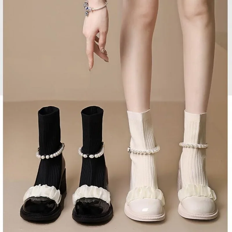 Fashion Women Socks Boots Pearl Lace Buckle Belt Slip-on Platform Ankle Boots Mary Jane Shoe Autumn Casual Thick High Heel Boots