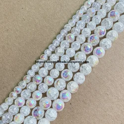 Natural Stone Half AB Shining White Snow Cracked Crystal Round Loose Beads 15