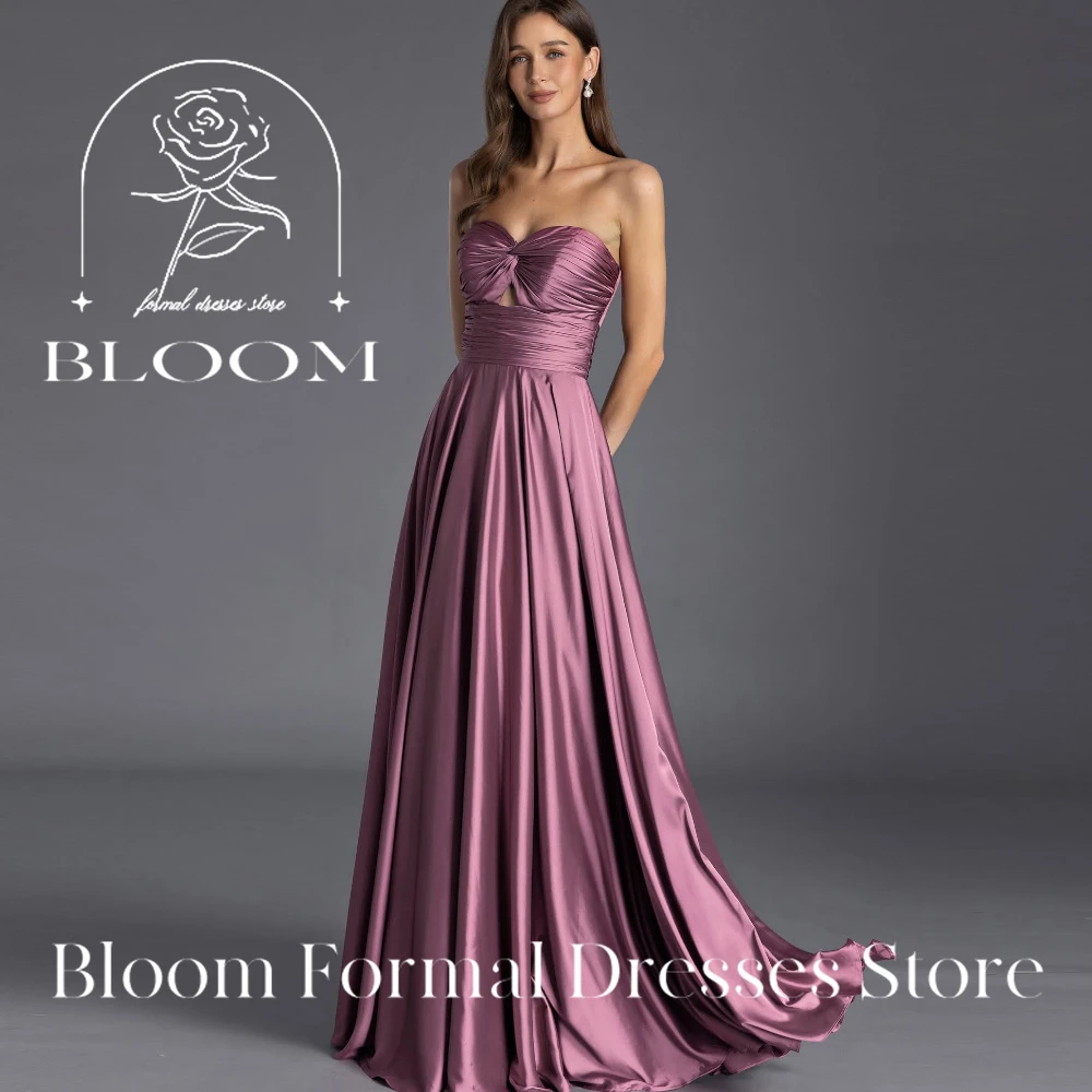 

Цвет по индивидуальному заказу, изысканный дизайн, лиловое атласное вечернее платье без бретелек, демонстрирующее элегантное платье с рюшами и узлом, детализация на бюсте