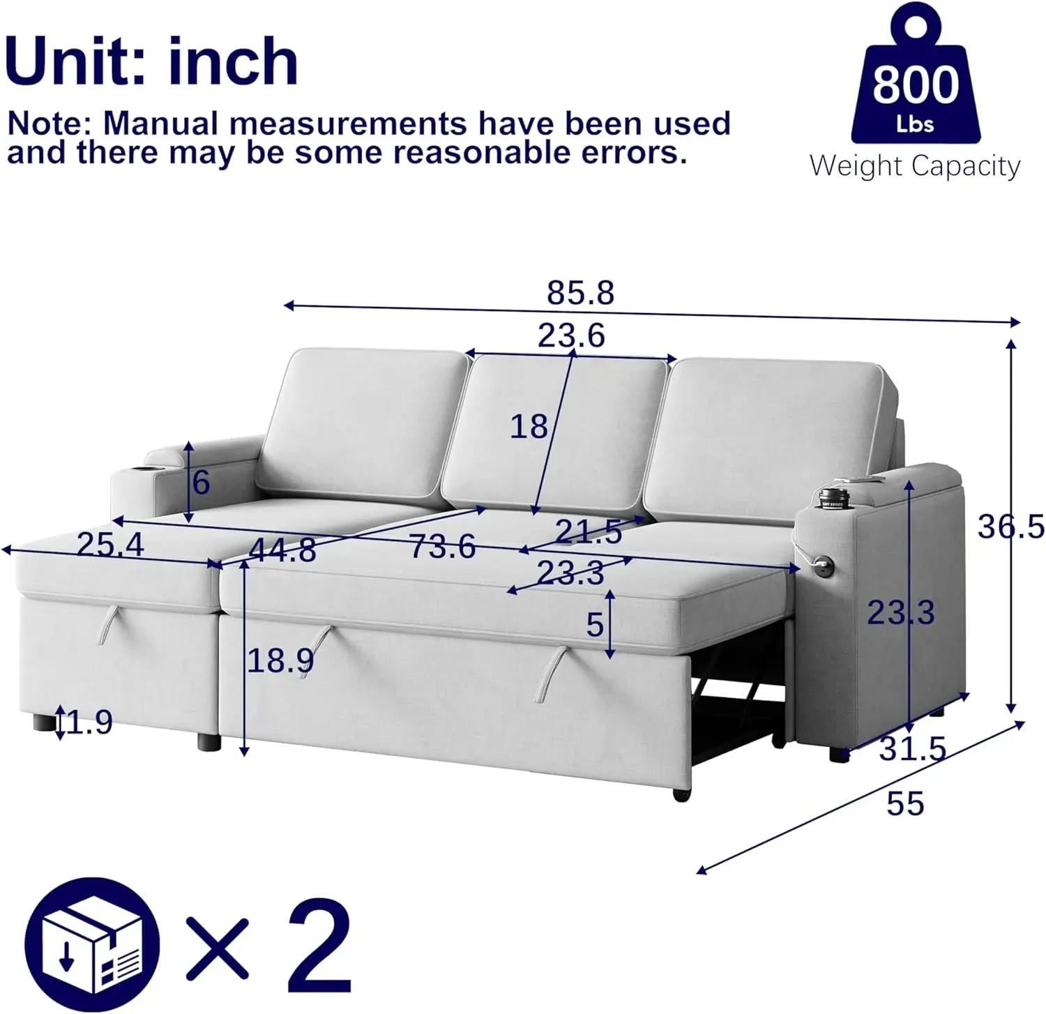 86"" Sleeper Sofa, L-Shaped Sectional Sofa Bed With Storage Chaise, Usb Charging Ports And Cup Holders, Reversible 2 In 1 Pull