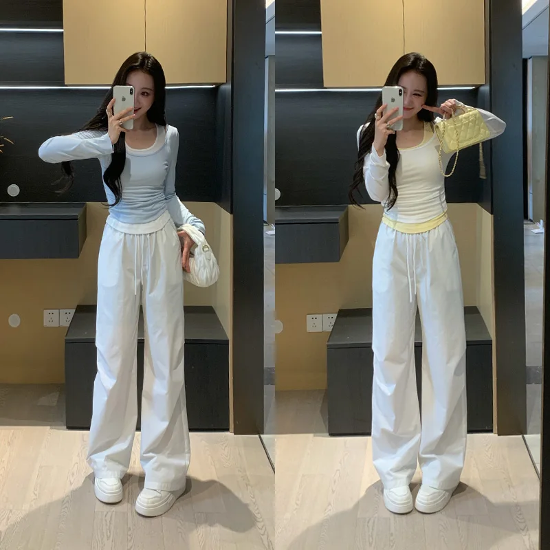 

High Waist Casual Pants Modale Women's Set Spring Fashion Ensemble Long Sleeve Lazy Style Two-Piece Suit for Ladies