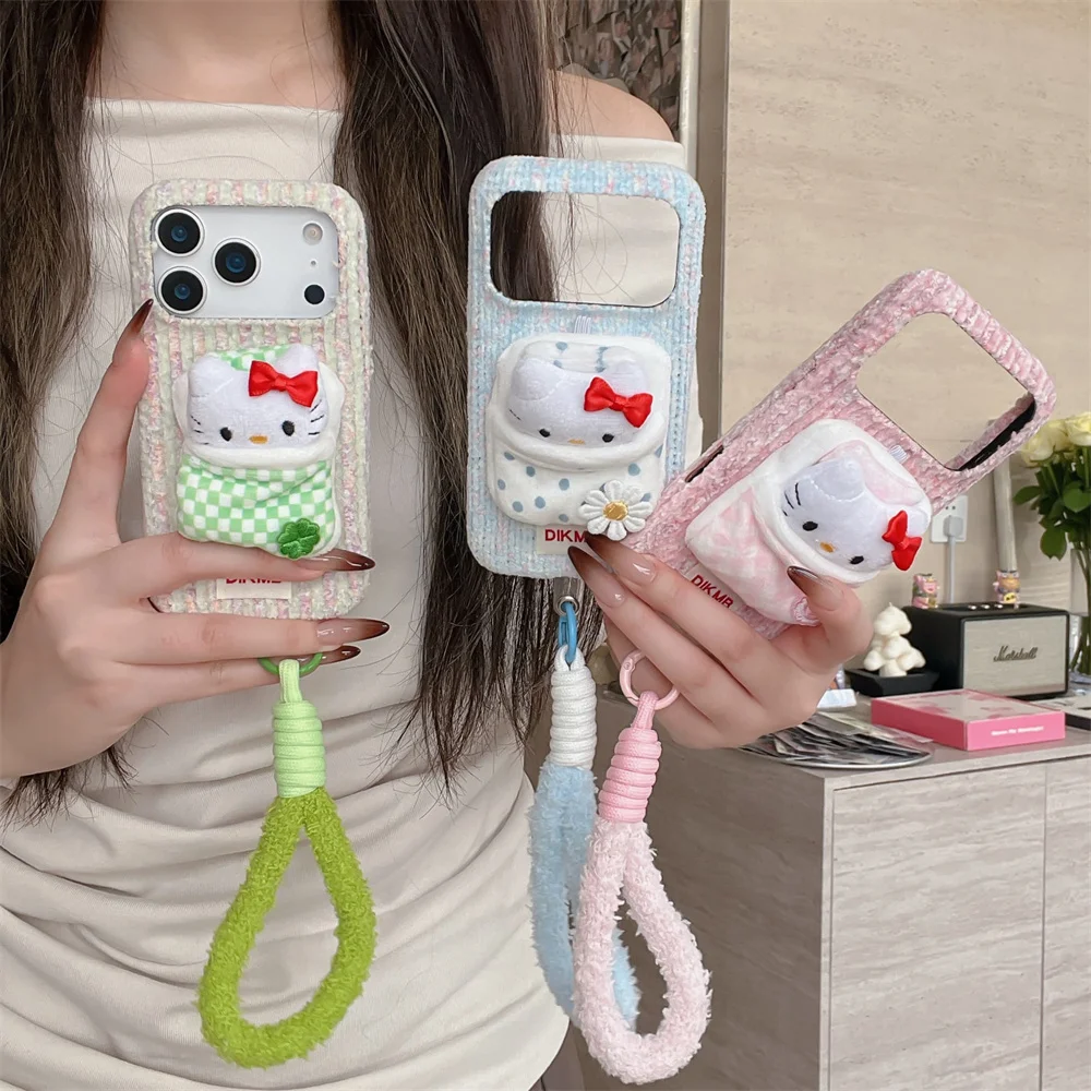 

Warm Plush Plaid Polka Dot Phone case for iPhone 17 Pro 14 15 Pro 16 Pro Max With Cute Furry Hellokitty Cartoon Protective Cover