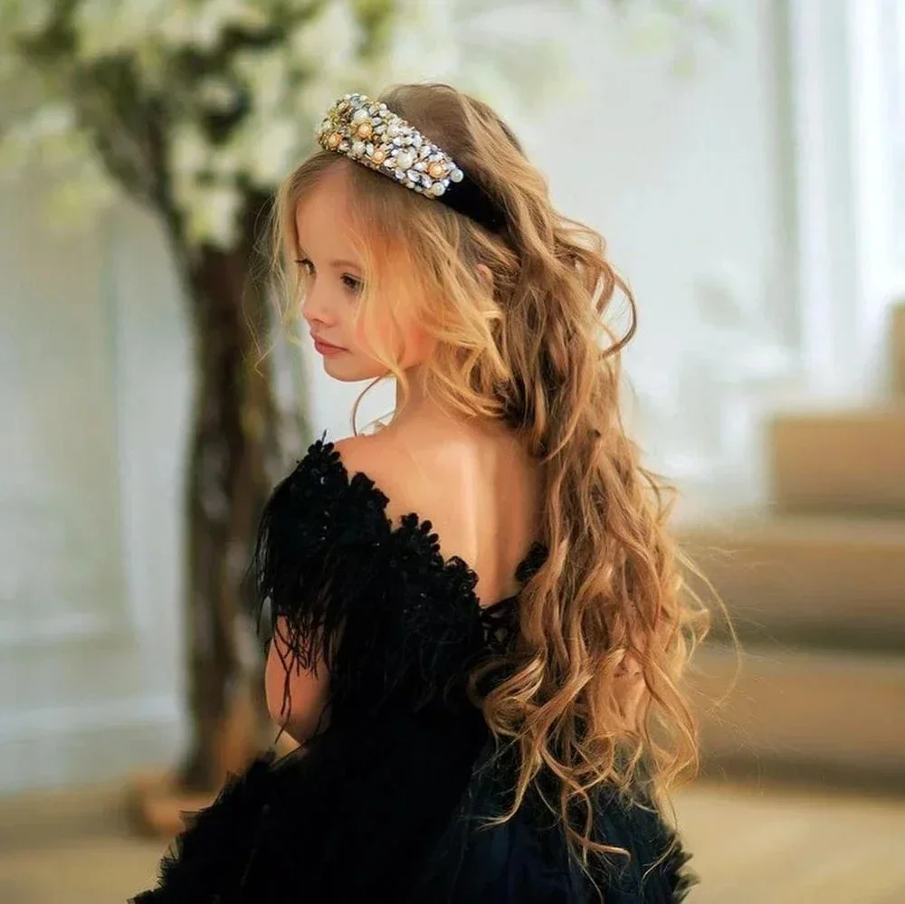 Black Flower Girls Dresses For Wedding Puffy Sheer Neck Tiered Tulle Lilttle Birthday Pageant Party Communion Ball Gown Custom