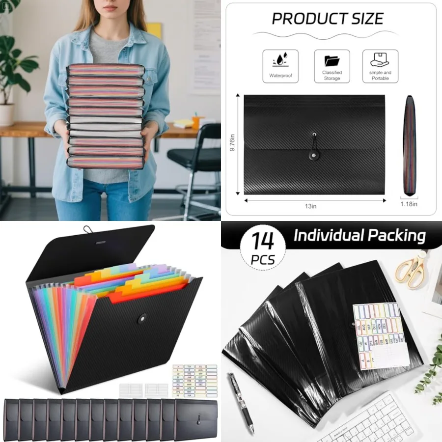 

14 PCS Office Accordion File Organizer Bulk - 13 Pocket Plastics Expanding Folder with Tabs - Letter Size Loose Paper Folder fo