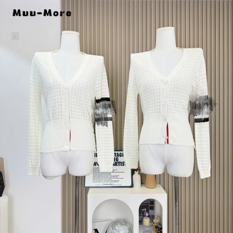 

2024 Autumn Casual Office Lady Vintage Knitting Long Sleeve Cardigans Women's V-Neck Striped Print Elegant Slim Sweater Top