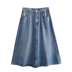 Tangada 2024 Fashion Women Blue Denim skirt Zipper Ladies Chic Elegant A-line skirts 6X0209