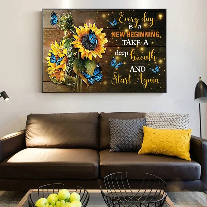 Butterfly Sunflowers Poster Pictures For Living Wall Art Every Day Is A New Beginning Home Decor Hanging Picture For Living Room