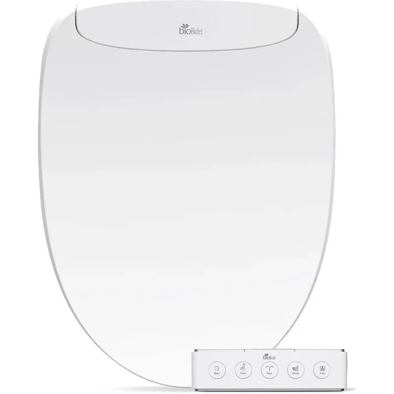 Elongated electric bidet toilet seat, warm air dryer, low profile heated seat, auto open and slow close lid