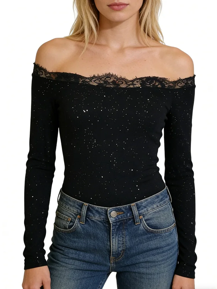 

New Fashion Sexy Slash Neck Long Sleeve Women's T-shirts Office Lady Lace Splice Tops Slim Chic Women Clothes Spring Summer