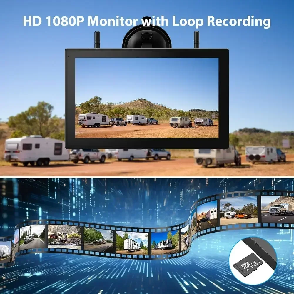 Magnetic Solar Wireless Backup Camera HD 1080P DVR 10.1" Touchscreen Monitor, Dual RV Backup Cameras Wireless System for RV Trai view 3