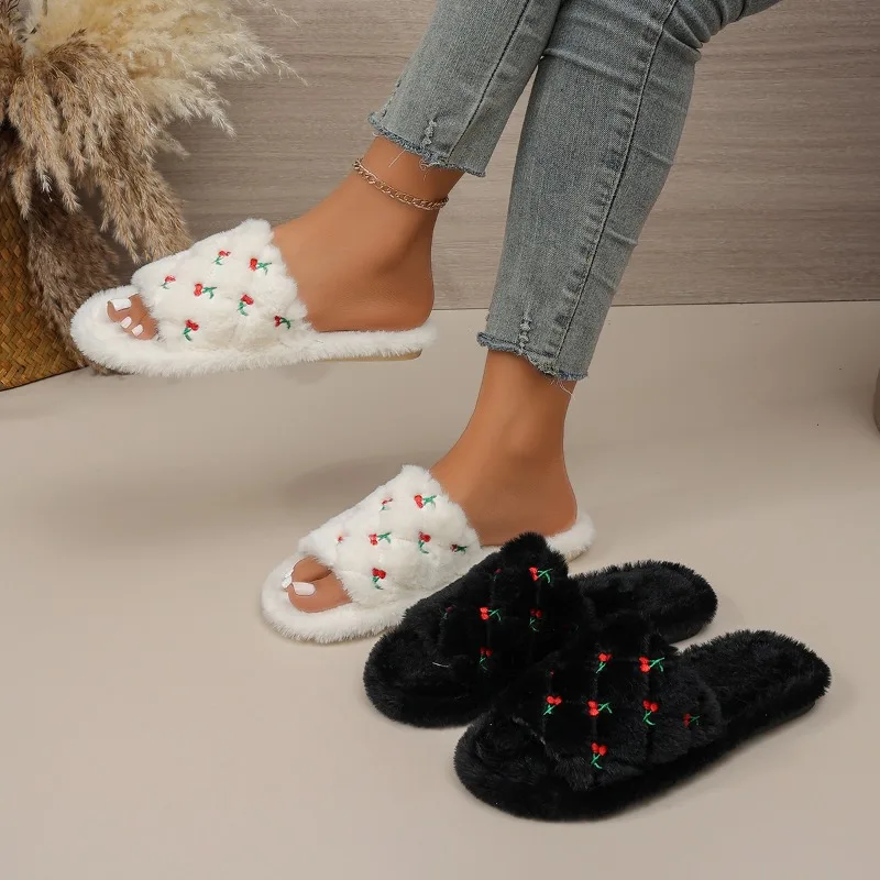 Winter Fashion Checkered Design One Strap Shoes for Women 2026 New Round Toe Indoor Casual Warm Comfort Women's Cotton Slippers