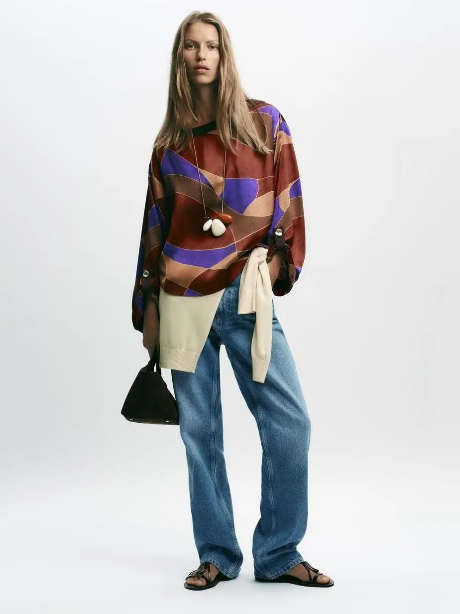 

Autumn New Arrival Women's Charm Print Long Sve irt Satin Pants Loose Fit round Ne Easy Care Regular Length Overhead