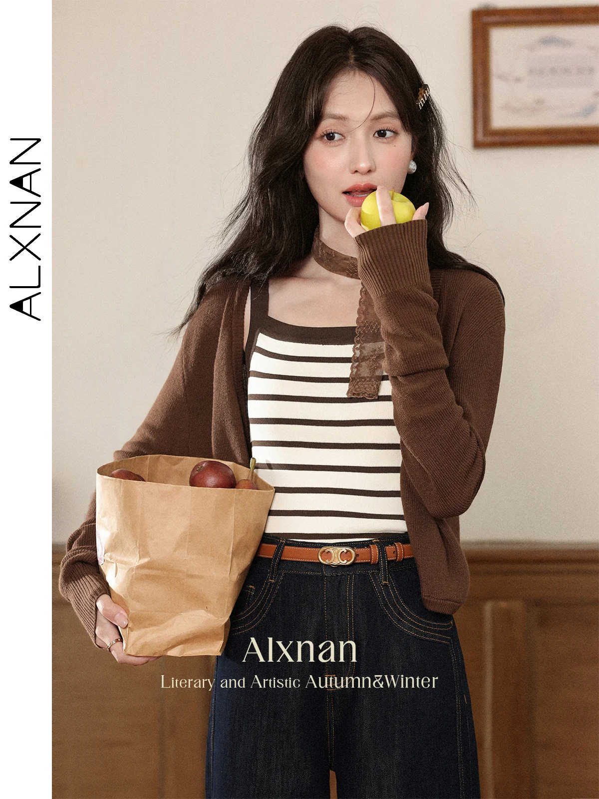 

ALXNAN Women's Cardigans Brown Thin Long Sleeve Knitwears 2025 Fall Loose-fit Office Lady Tops Korean Popular Clothing L56793