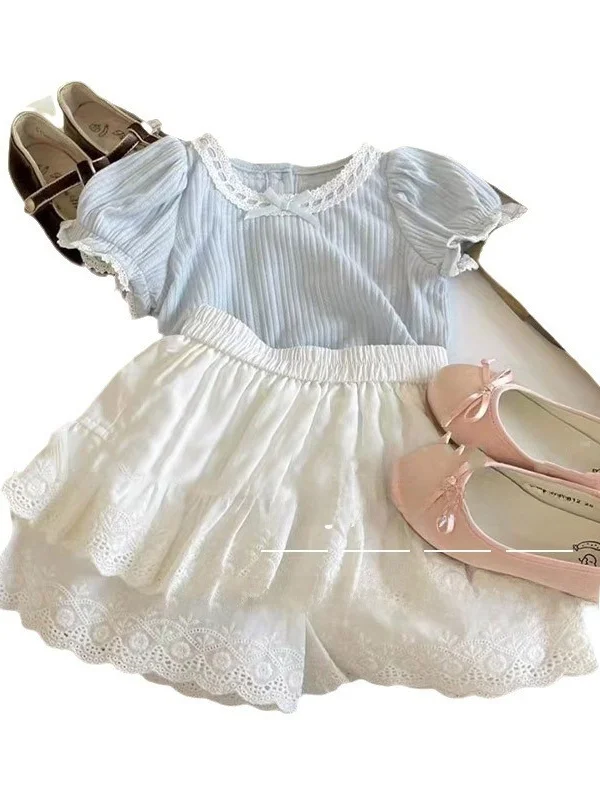 

Летний модный комплект для девочек, футболка ort Sve, юбка из двух предметов, корейский модный наряд для маленьких девочек, шелковый материал