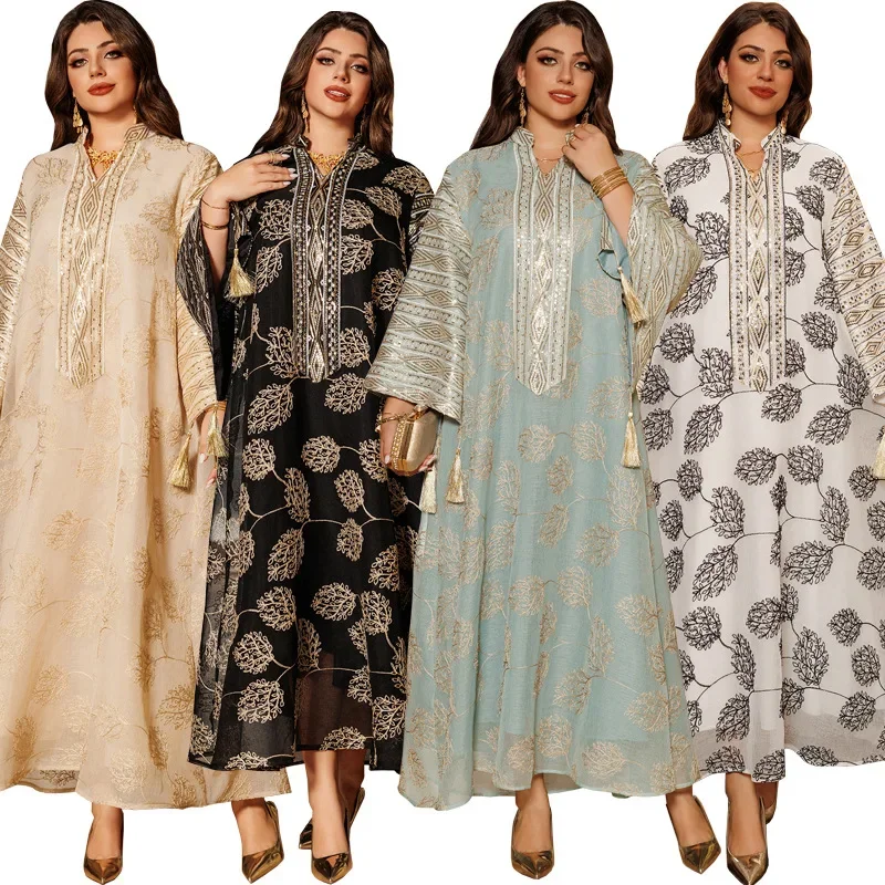 UNI 2025 Eid New Muslim Embroidery Sequined Robe Jalabiya Abaya Plus Size Dress Dubai Middle Eastern Women's Musulmane