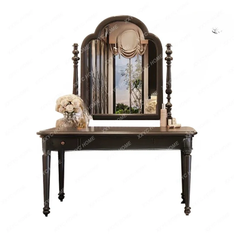 Classic Dressing Table Carved Solid Wood Makeup Table Vintage Vanity Table with Mirror Multifunctional