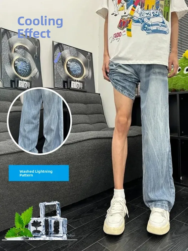 

Мужские летние тонкие прямые джинсы из лиоцелла цвета ледяной синевы с узором в виде молнии, струящиеся, комфортные, в американском уличном стиле