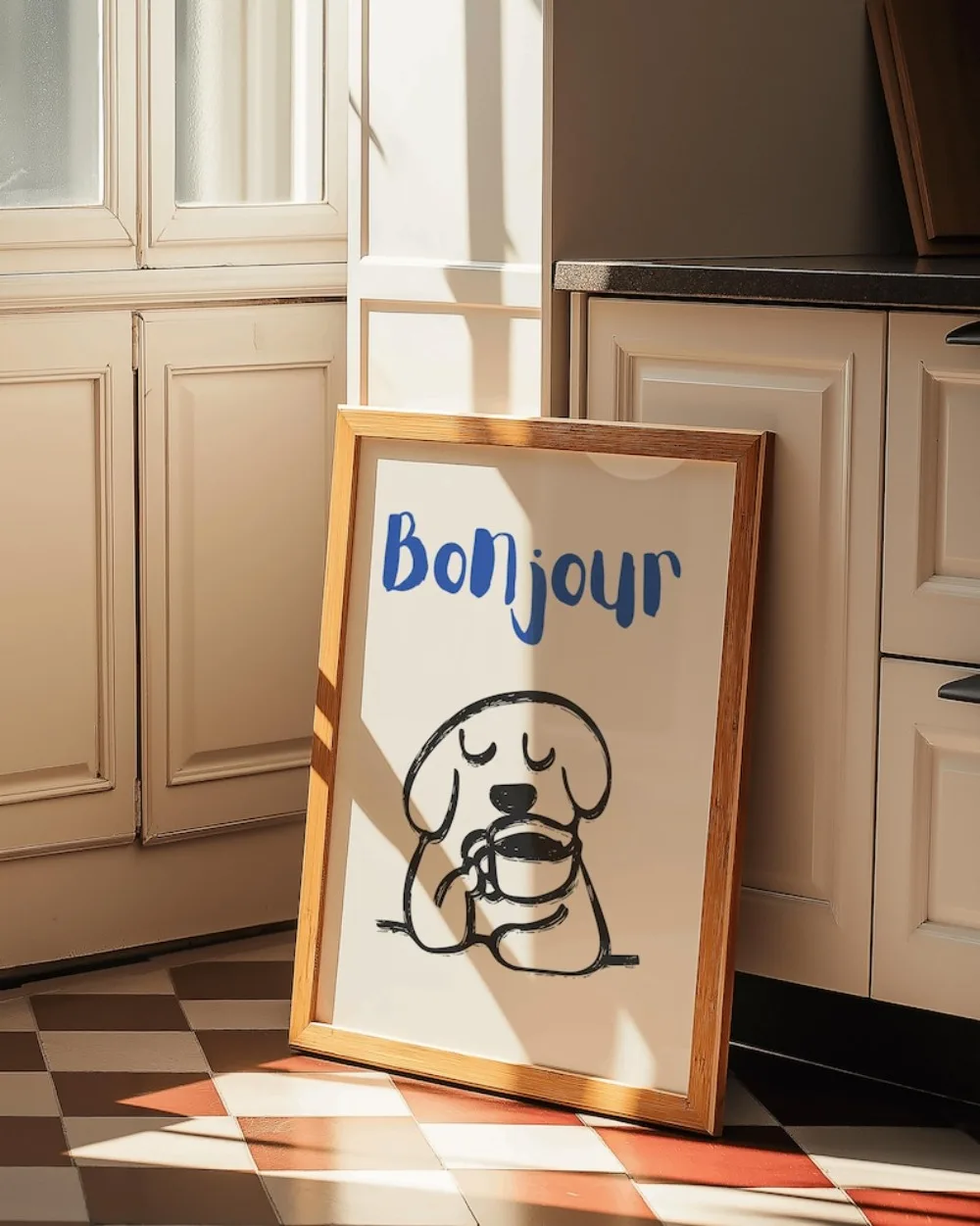 1 Piece of Frameless Dog Coffee Club Print, Cute French Coffee Wall Art, Bonjour Dog Cafe Poster Kitchen Restaurant Decoration