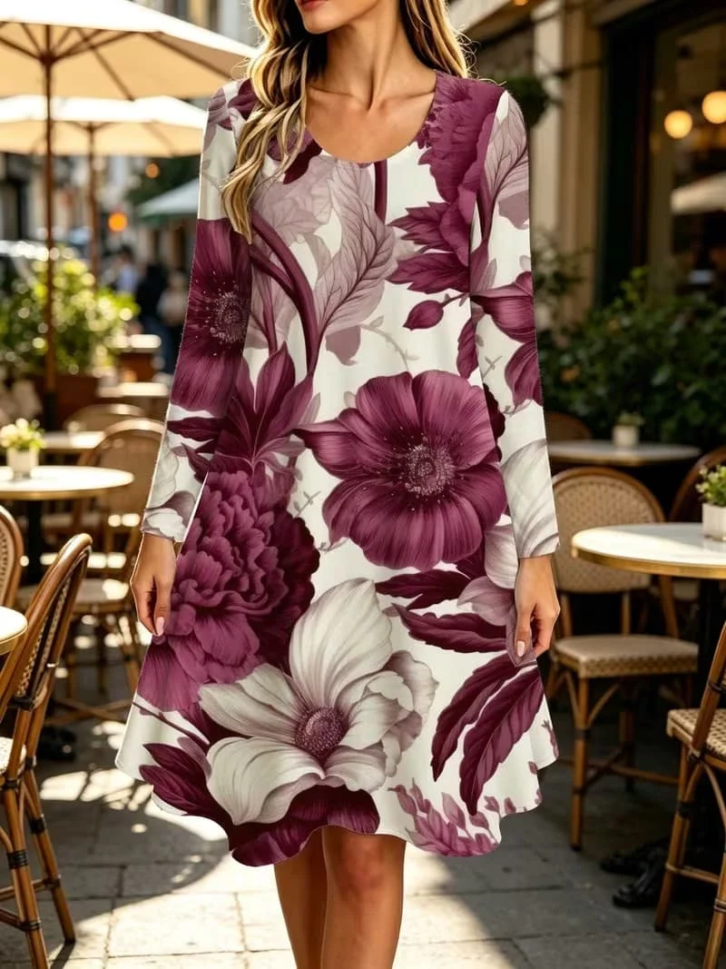 2026 New Autumn Winter Elegant Multi-color Print Women Dress Loose Casual Long Sleeve O-Neck Floral Print A-Line Dress Ladies