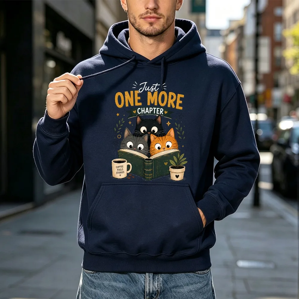 Just One More Chapter Cat Hoodie Men Cute Book Coffee Graphic Long Sleeve Hooded Sweatshirt Casual Winter Male Outfit Tops