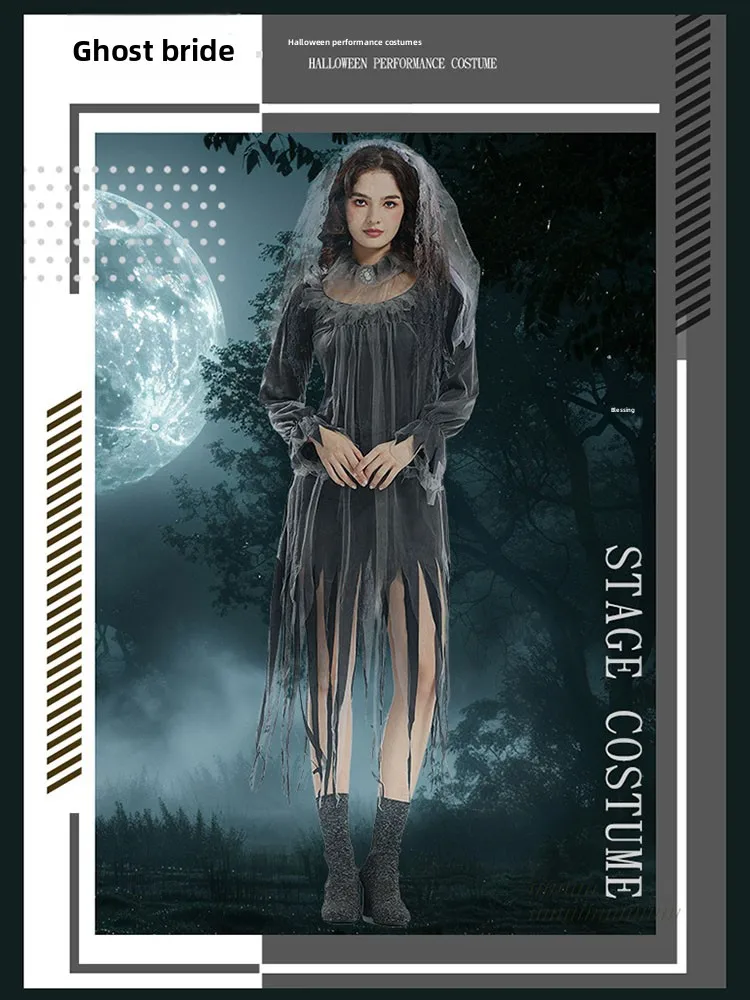 Horror noiva zumbi dr ey traje feminino faion loween par desempenho bar ds evento poliéster dr