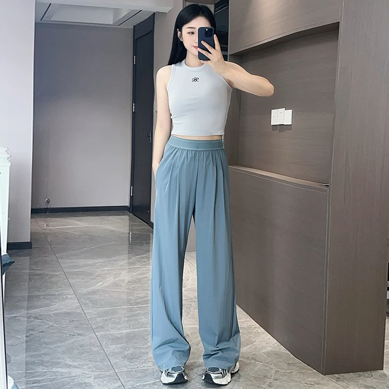 سراويل رياضية نسائية مستقيمة الساق عالية الخصر خفيفة الوزن للتخسيس فضفاضة سريعة الجفاف سراويل يوجا غير رسمية