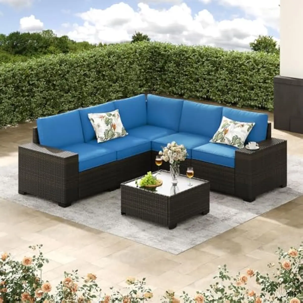 6-Piece Modern L-Shape Outdoor Sectional Set in Peacock Blue Featuring Extra-Wide 7.5-Inch Armrests Soft Water-Resistant Cushion
