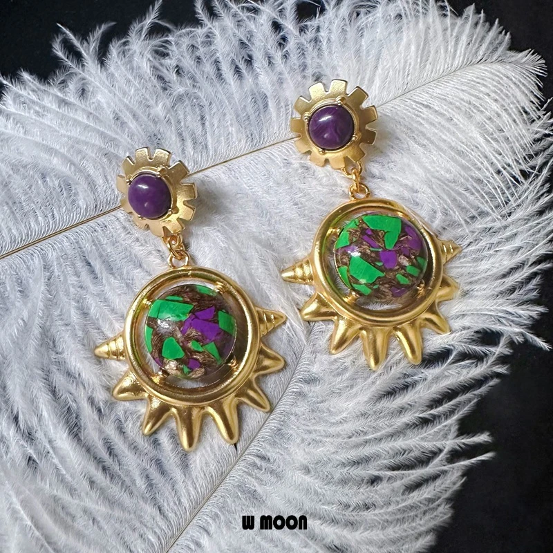 French Vintage Sunflower Fancy Magic Color Green Purple Drop Earrings for Woman Girl Simple Premium Eardrop Jewelry INS