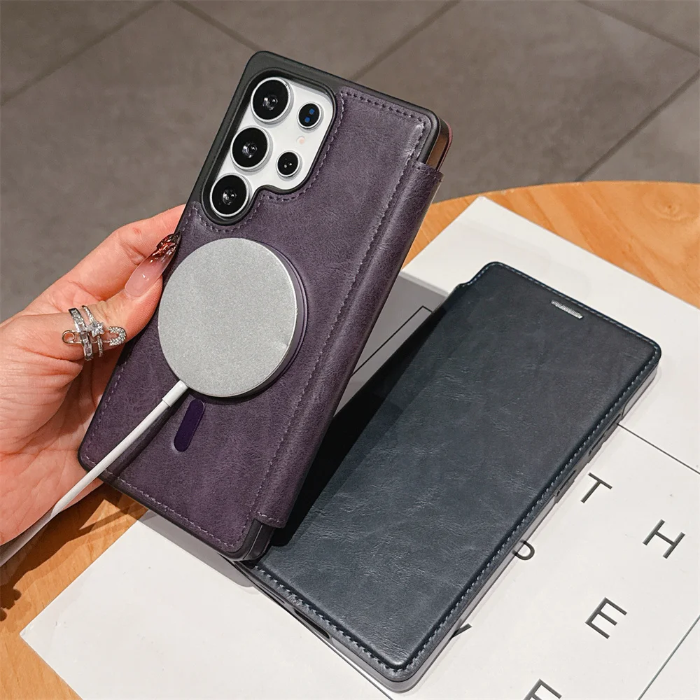 Klasyczne skórzane etui z klapką i magnetycznym zamknięciem na telefon Samsung S26 S25 Edge S24 Ultra S22 S23 Plus, luksusowa obudowa z obsługą bezprzewodowego ładowania. — zdjęcie produktu 3